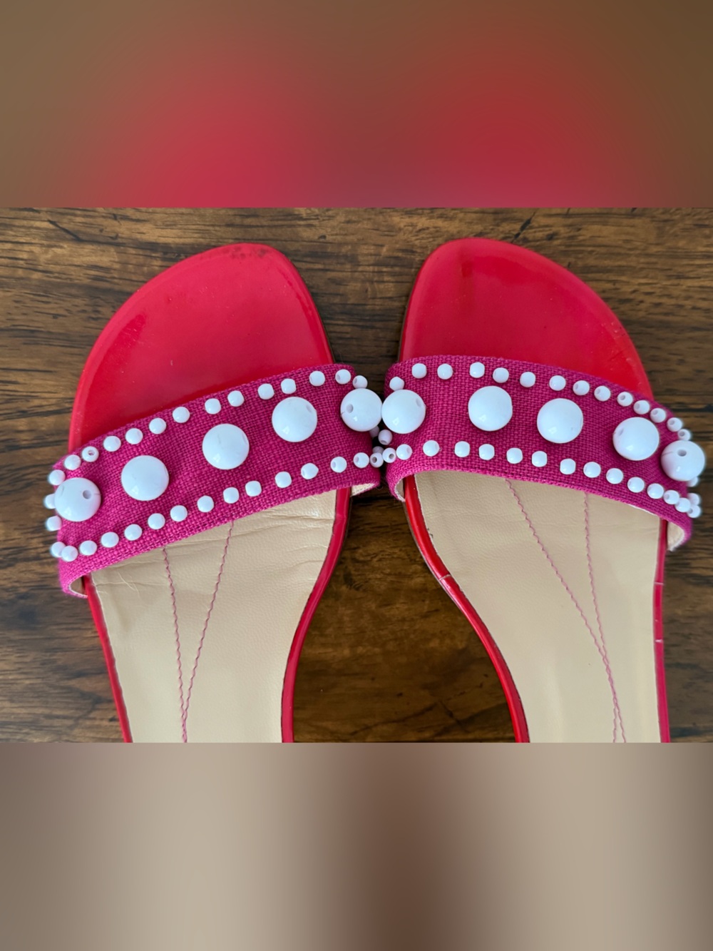 Kate Spade New York Pink & Red Leather Kitten Heel with Pearl Embellishments - Picture 8 of 9